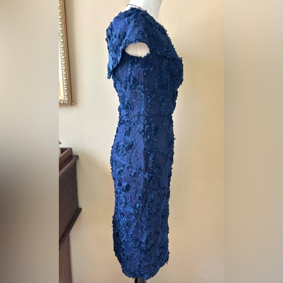 XSCAPE 3D Floral Lace Off-The-Shoulder Dress Navy Blue Faux Wrap Size 10 - Picture 10 of 11